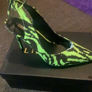 Lace up zebra print lime green and black heels